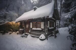 old wooden cabin situated in a snow-covered forest. The cabin is nestled among tall trees, and the branches are covered with snow, which makes it look like a winter wonderland. photo