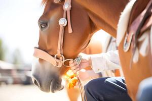 belleza y fuerza de un domesticado caballo en esta maravilloso de cerca retrato. el brillante luz de sol ,mientras el humano mano participación el Correa agrega un toque de compañerismo y confianza. generativo ai foto