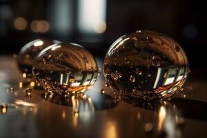 sunlight shining on glass balls with water drops on a table with a dark background. with the light shining on them and creating a bright, reflective surface. . made with photo