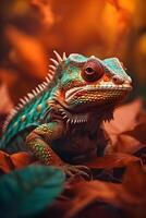 iguana es encaramado en un natural antecedentes de naranja follaje y vegetación. el antecedentes es fuera de atención y borroso. hecho con generativo ai foto