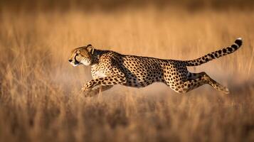 leopardo es conjunto en contra un borroso antecedentes ese transporta un sentido de velocidad y movimiento. el campo detrás el leopardo es un difuminar de verduras y marrones hecho con generativo ai foto