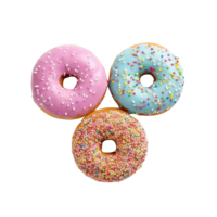 Top view of donuts set isolated on transparent background. Different types of donuts flavor. png