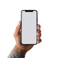 Phone mockup in hand clipping path. a smartphone with a blank white screen. isolated on transparent background. png