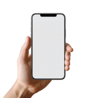 telefon attrapp i hand klippning väg. en smartphone med en tom vit skärm. isolerat på transparent bakgrund. ai genererad png