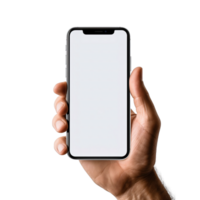 Telefon Attrappe, Lehrmodell, Simulation im Hand Ausschnitt Weg. ein Smartphone mit ein leer Weiß Bildschirm. isoliert auf transparent Hintergrund. ai generiert png