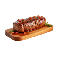 une en bois assiette de du boeuf steak grillé avec sauce isolé sur transparent Contexte. coupure chemin. ai généré png