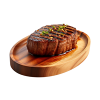 une en bois assiette de du boeuf steak grillé avec sauce isolé sur transparent Contexte. coupure chemin. ai généré png