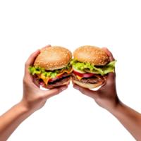 manos sostener hamburguesas aislado en transparente antecedentes. ai generado png