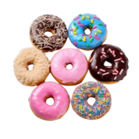 Top view of donuts set isolated on transparent background. Different types of donuts flavor. png