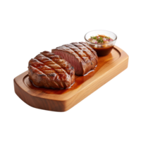 une en bois assiette de du boeuf steak grillé avec sauce isolé sur transparent Contexte. coupure chemin. ai généré png