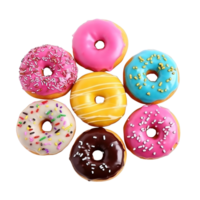Top view of donuts set isolated on transparent background. Different types of donuts flavor. png