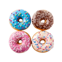 Top view of donuts set isolated on transparent background. Different types of donuts flavor. png