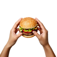 mani hold un' hamburger isolato su trasparente sfondo. ai generato png