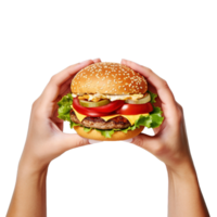 mãos aguarde uma hamburguer isolado em transparente fundo. ai gerado png