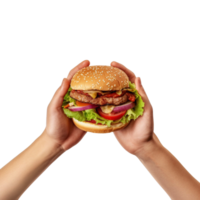 mãos aguarde uma hamburguer isolado em transparente fundo. ai gerado png