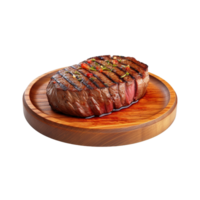 une en bois assiette de du boeuf steak grillé avec sauce isolé sur transparent Contexte. coupure chemin. ai généré png