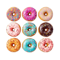 Top view of donuts set isolated on transparent background. Different types of donuts flavor. png