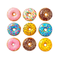 Top view of donuts set isolated on transparent background. Different types of donuts flavor. png