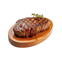 un de madera plato de carne de vaca filete A la parrilla con salsa aislado en transparente antecedentes. recorte camino. ai generado png