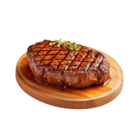 a wooden plate of beef steak grilled with sauce isolated on transparent background. clipping path. png