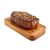 a wooden plate of beef steak grilled with sauce isolated on transparent background. clipping path. png