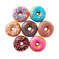 Top view of donuts set isolated on transparent background. Different types of donuts flavor. png