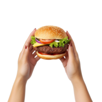 Hands hold a burger isolated on transparent background. png