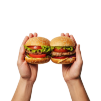 Hands hold burgers isolated on transparent background. png