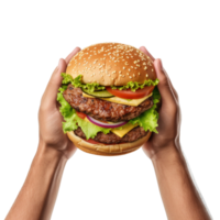 handen houden een hamburger geïsoleerd Aan transparant achtergrond. ai gegenereerd png