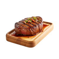 a wooden plate of beef steak grilled with sauce isolated on transparent background. clipping path. png