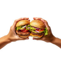 Hands hold burgers isolated on transparent background. png