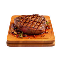 a wooden plate of beef steak grilled with sauce isolated on transparent background. clipping path. png