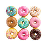 Top view of donuts set isolated on transparent background. Different types of donuts flavor. png