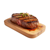 ein hölzern Teller von Rindfleisch Steak gegrillt mit Soße isoliert auf transparent Hintergrund. Ausschnitt Weg. ai generiert png
