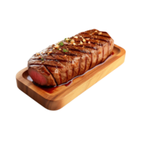 un' di legno piatto di Manzo bistecca grigliato con salsa isolato su trasparente sfondo. ritaglio sentiero. ai generato png