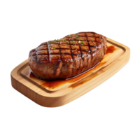 en trä- tallrik av nötkött biff grillad med sås isolerat på transparent bakgrund. klippning väg. ai genererad png