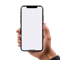 Phone mockup in hand clipping path. a smartphone with a blank white screen. isolated on transparent background. png