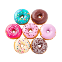 Top view of donuts set isolated on transparent background. Different types of donuts flavor. png