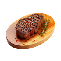 a wooden plate of beef steak grilled with sauce isolated on transparent background. clipping path. png