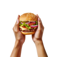 Hände halt ein Burger isoliert auf transparent Hintergrund. ai generiert png