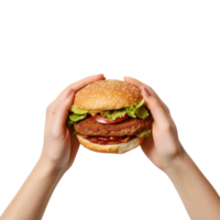 Hände halt ein Burger isoliert auf transparent Hintergrund. ai generiert png