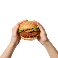 mãos aguarde uma hamburguer isolado em transparente fundo. ai gerado png