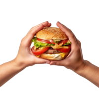 Hands hold a burger isolated on transparent background. png