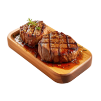 een houten bord van rundvlees steak gegrild met saus geïsoleerd Aan transparant achtergrond. knipsel pad. ai gegenereerd png