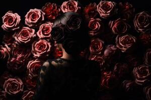 silhouette of feminine woman in pink roses photo