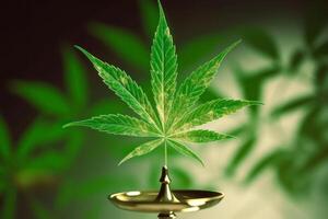 green marijuana leaf on scales, cannabis legalization photo