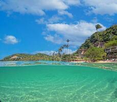 Half over half underwater shot of Maremegmeg beach near El Nido on the Philippine island of Palawan photo