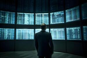 A Man Standing in Front of Multiple Screens Displaying Complex Information. Ideal for Business Intelligence, Technology, and Surveillance Concepts . photo