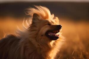 furry Icelandic Sheepdog enjoying the sunlight. with its fluffy coat and charming features in clear view, with its eyes closed and a content expression. made with photo