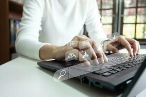 SEO Search engine optimization, Search technology, women's hands using a computer keyboard to search for information, using websites search bar to find the desired information or shopping online. photo